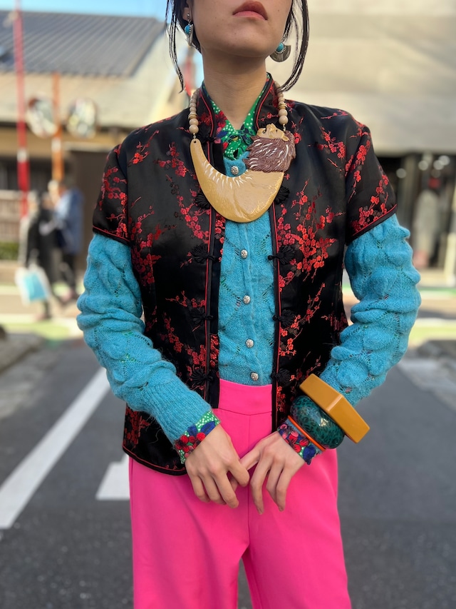 Vintage chinese black × red silk blouse ( ヴィンテージ チャイナ ブラック × レッド シルク ブラウス )