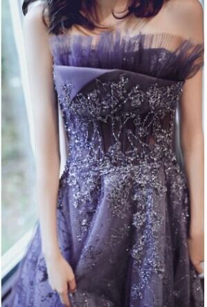 美品！ パーティードレス パープル/紫 床付く ベアトップ 背中見せ  