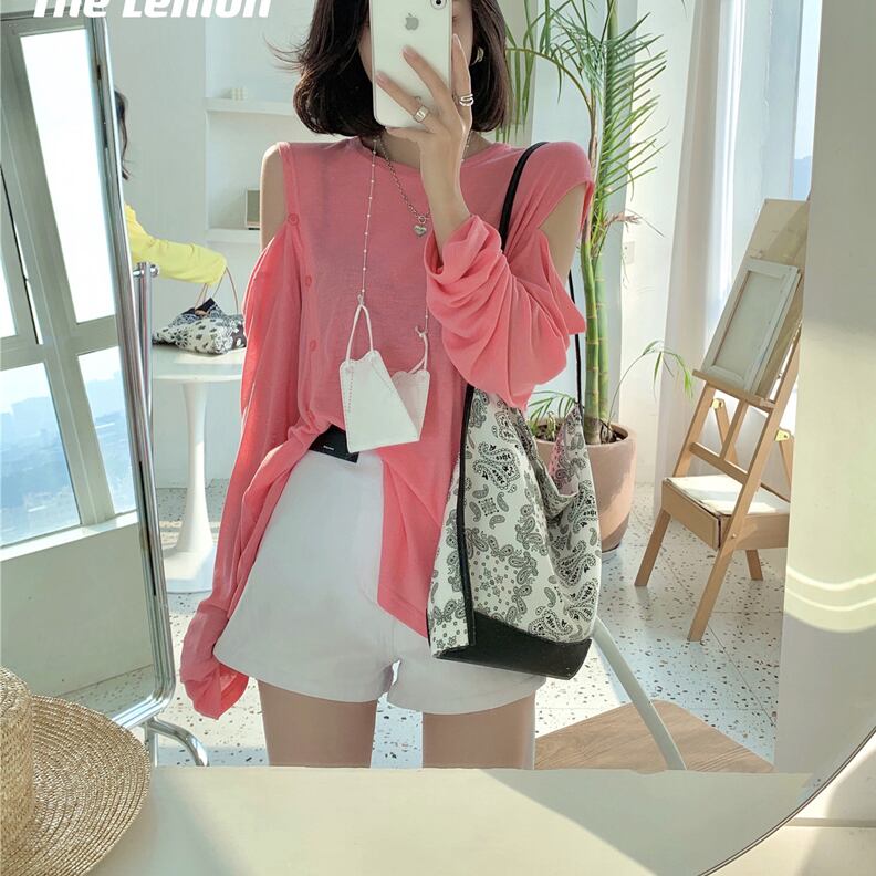 Tシャツ レディースサマールーズソリッド カラーラウンドネック薄手ブラウス ロング 夏物 Oネック オフショルダー ソリッドカラー ビッグFスモールZ韓国59857954639