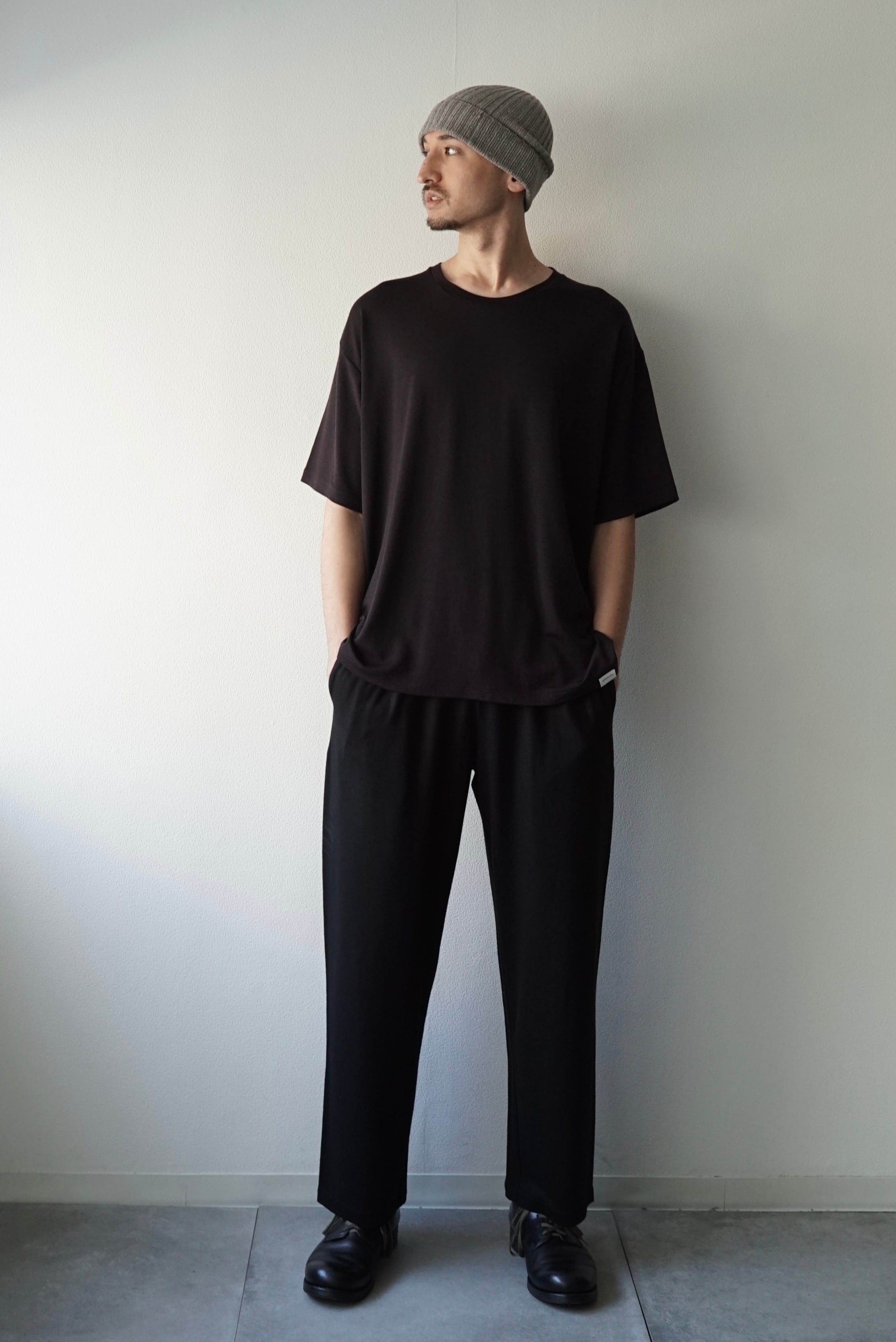 Super140s Washable Wool MW_Jersey / Wide Leg Pants (BLACK