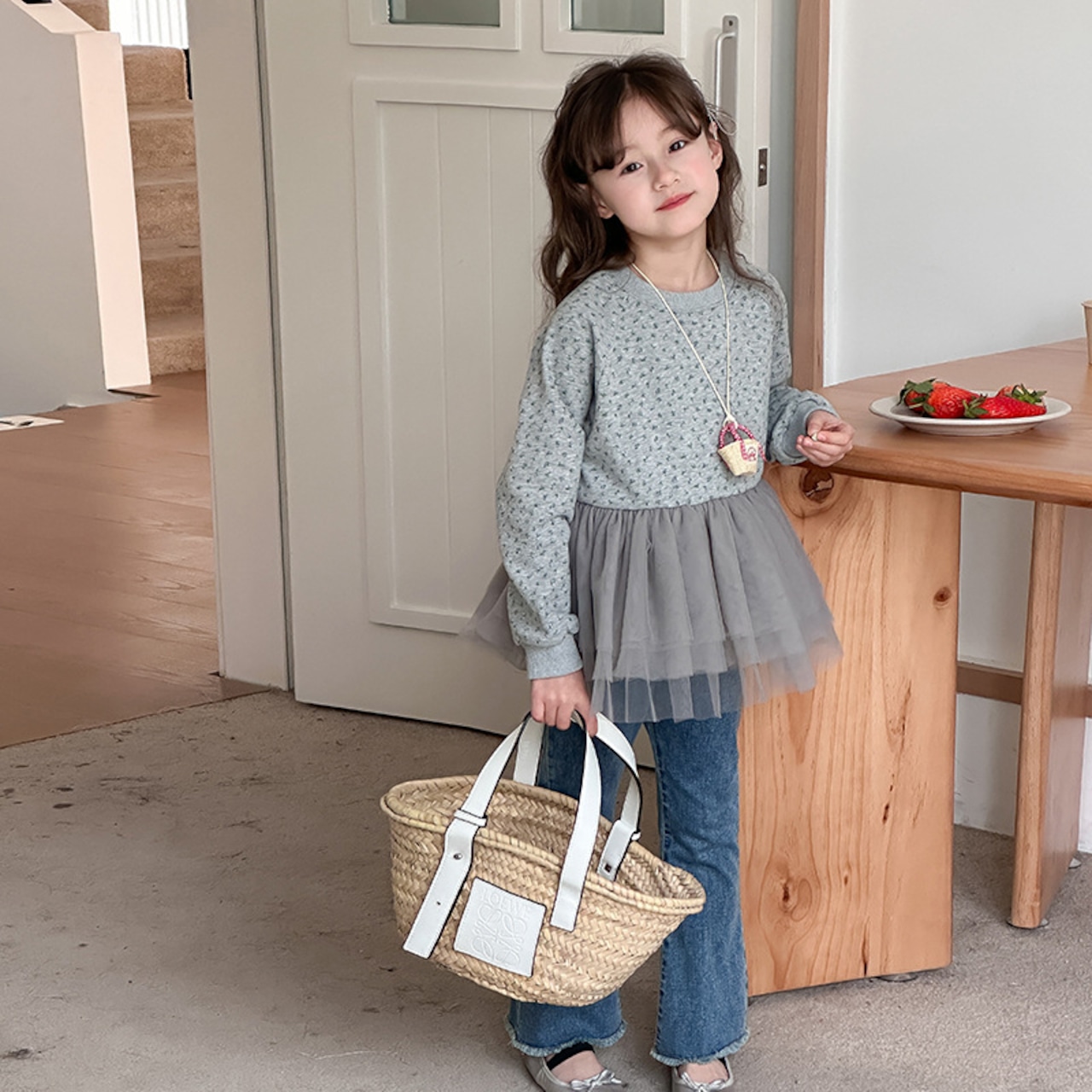 秋花柄チュール裾トレーナー