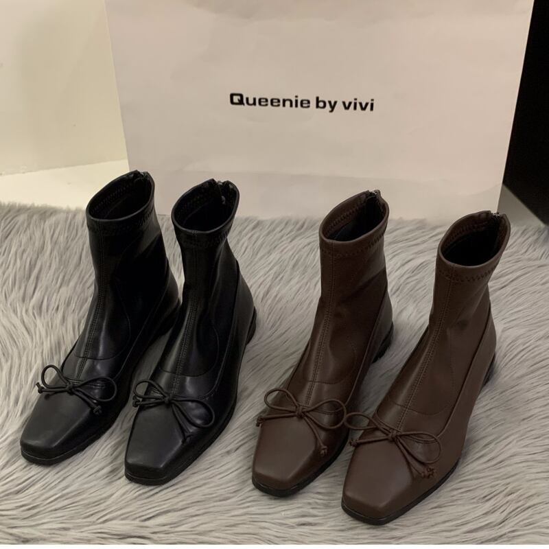 square toe ribbon short boots m0523