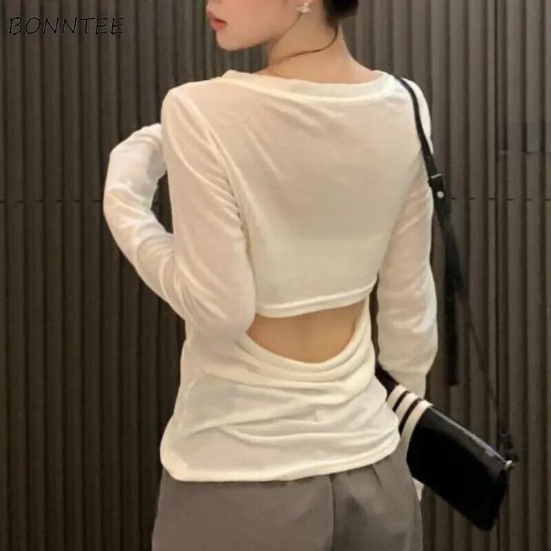 【新作】【送料無料】 日焼け止め Tシャツ女性背中の開いたヴィンテージ固体シースルー夏薄いストリートホリデー Mujer カジュアル通気性の服 2023 0297425595139