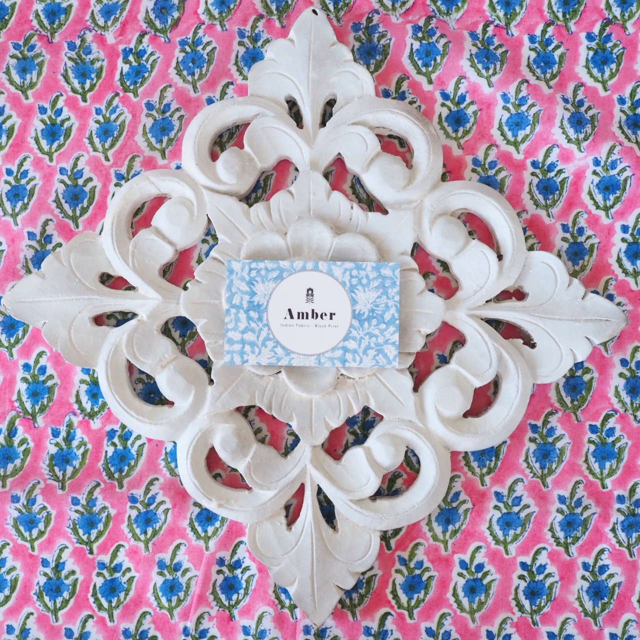 ブロックプリント生地【50cm単位】インド綿 小花柄 ピンク×青 #11110-PK1