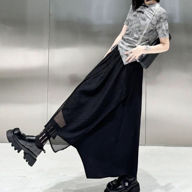 Grid splicing A-line skirt C0308