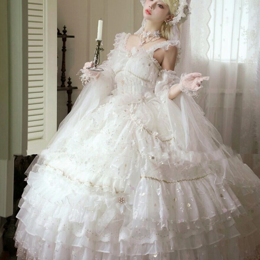 ホワイトロリータウェディングドレス フリル付き ロリィタドレス ホワイトロリィタ 花嫁衣裳 白無垢 ウエディング衣装