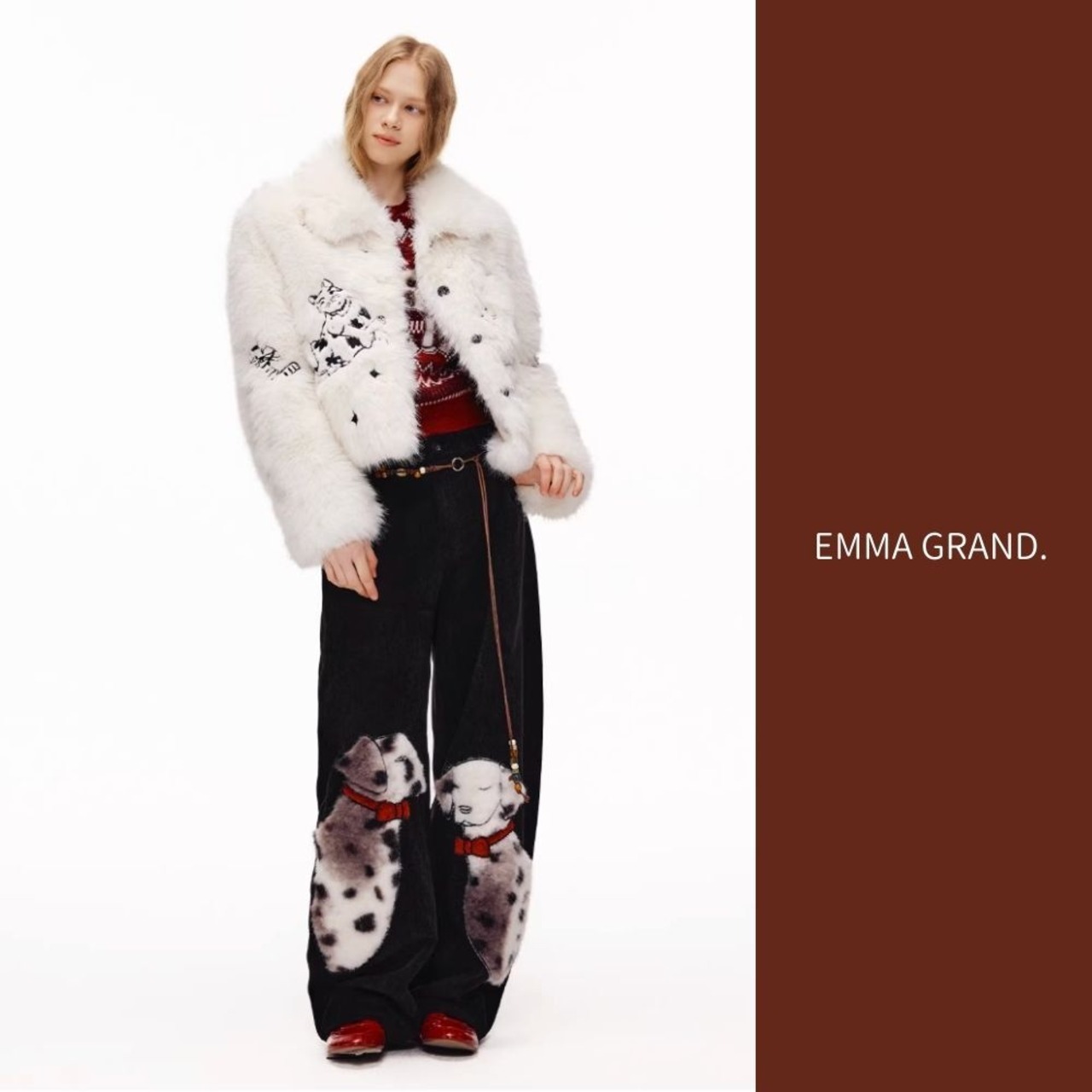 夜に寄り添う、二匹のダルメシアンのファーパンツ E00630