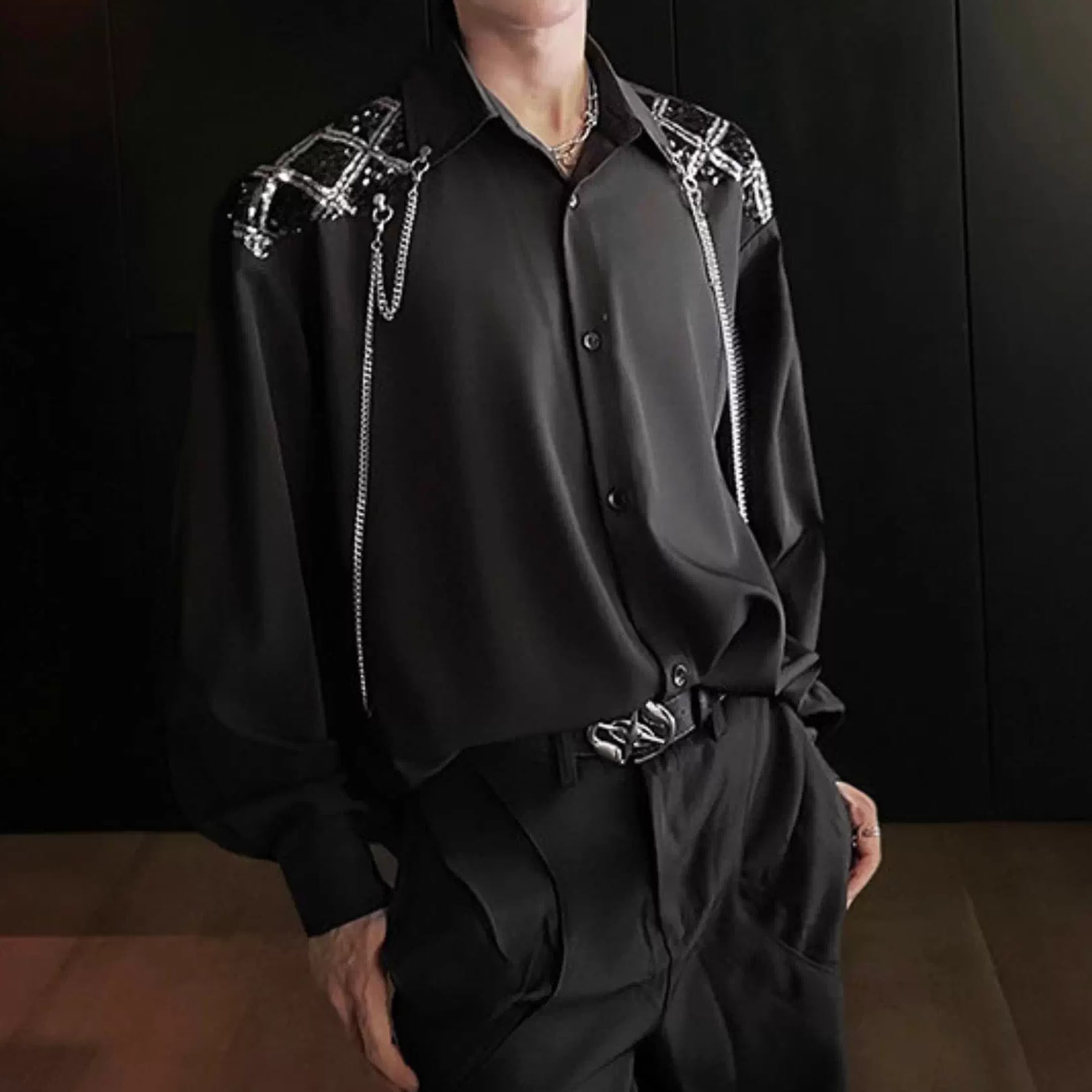 長袖 チェーン装飾 シャツカラー シャツ 1color MTO0487