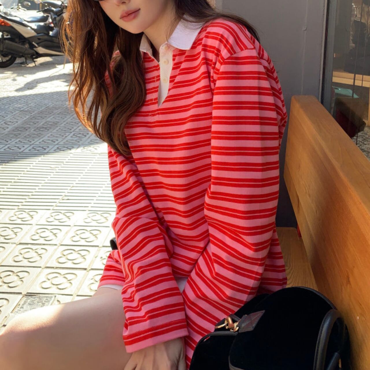 ルーズシルエット ストライプラガーロングTシャツ A4206