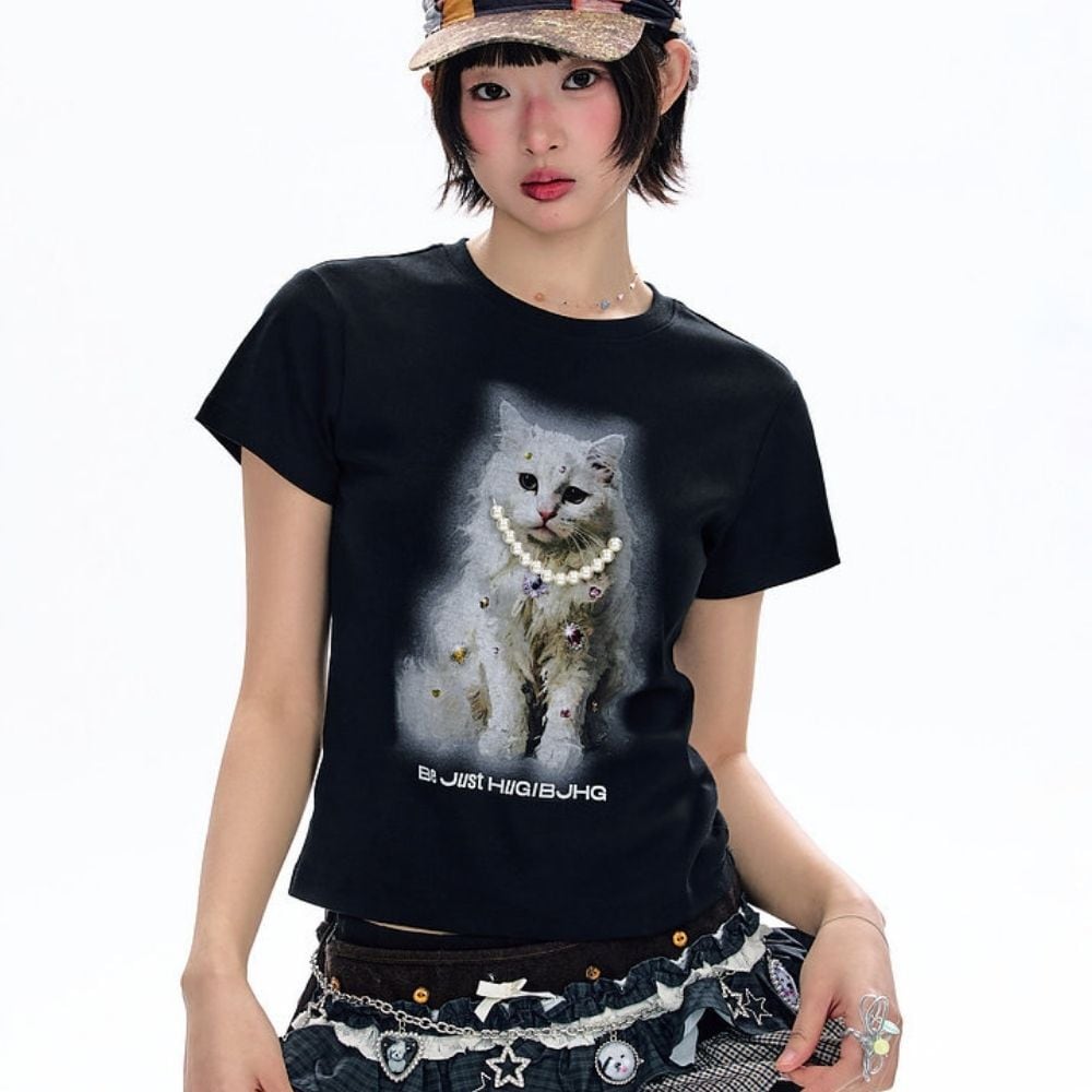 猫に真珠Tシャツ E00671 | EMMA GRAND