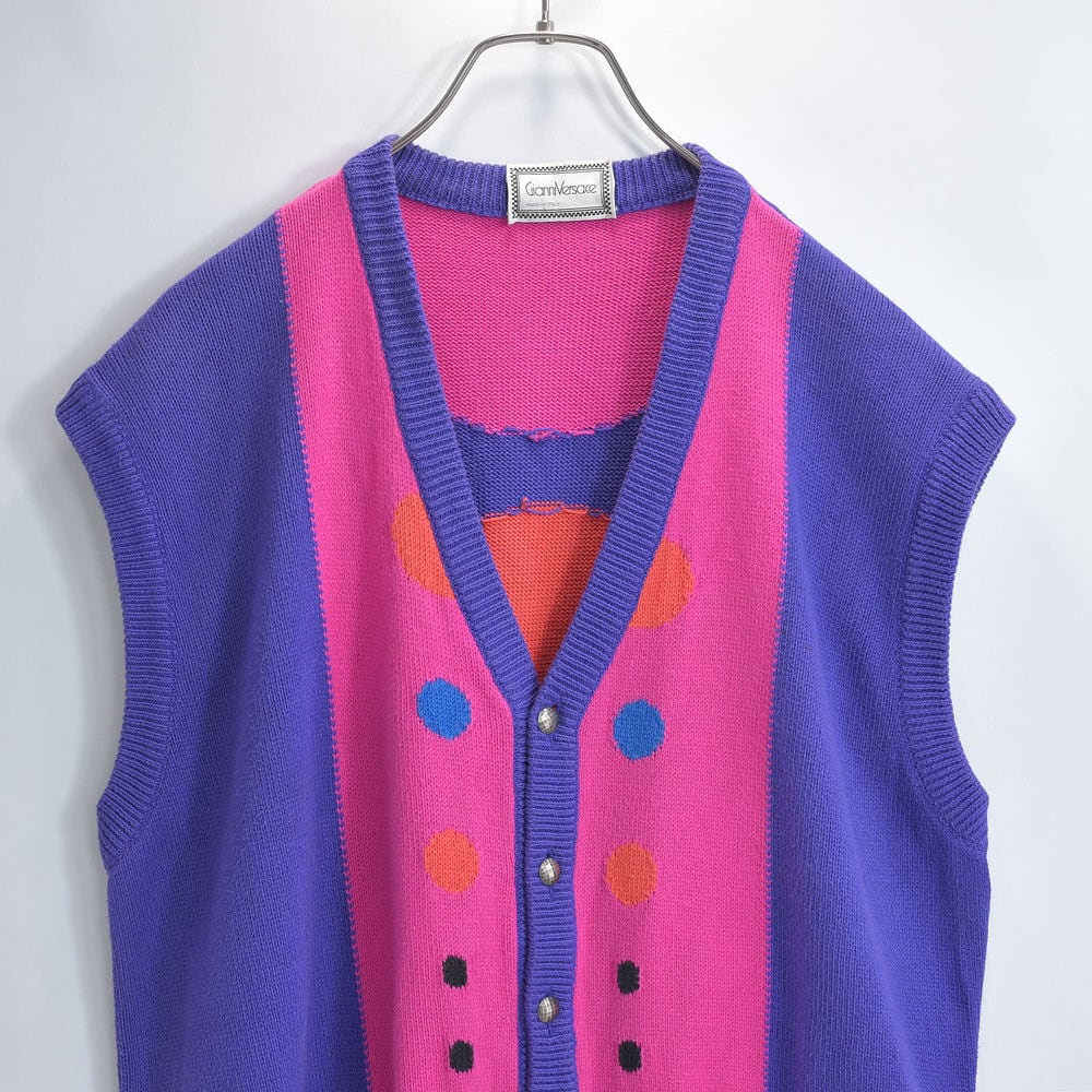 80s~ VERSACE ヴェルサーチ サイケデリック ポップ アート デザイン コットン ニット 水玉 ドット レトロ ヴィンテージ ビンテージ 古着 メンズL相当
