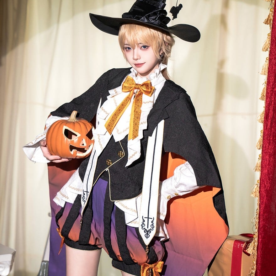 コスプレ衣装 マント セットアップ かぼちゃパンツ ファンタジー少年装 ブラック/オレンジ