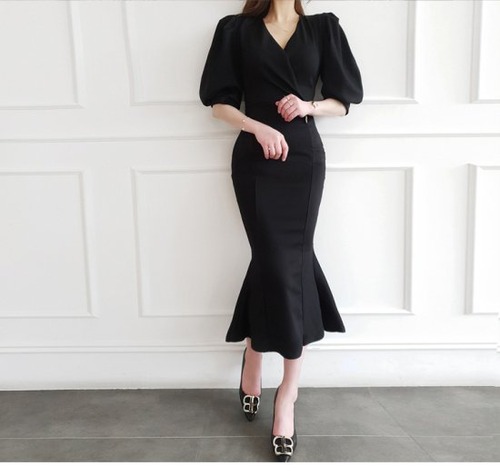 結婚式ドレス 大きいサイズ お呼ばれドレス パーティードレス フォーマルワンピース 結婚式 ドレス ワンピース フォーマルドレス ワンショルダー 袖あり 長袖 ミディ丈 膝下