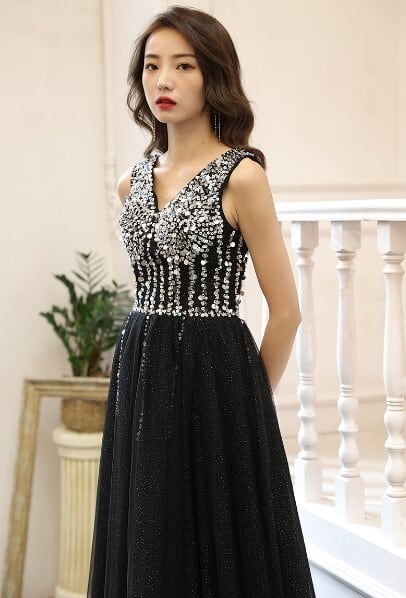 高品質！ パーティードレス 黒 スパンコール ロング エレガント  