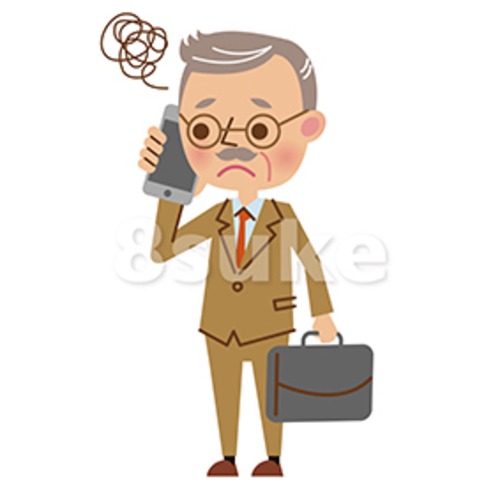 イラスト素材：スマートフォンで通話する熟年のビジネスマン/困った表情（ベクター・JPG）