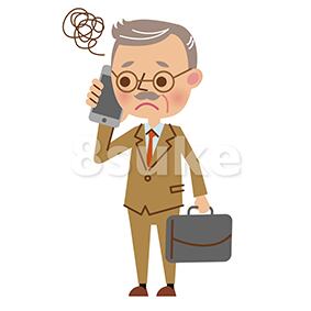 イラスト素材:スマートフォンで通話する熟年のビジネスマン/困った表情(ベクター・JPG)