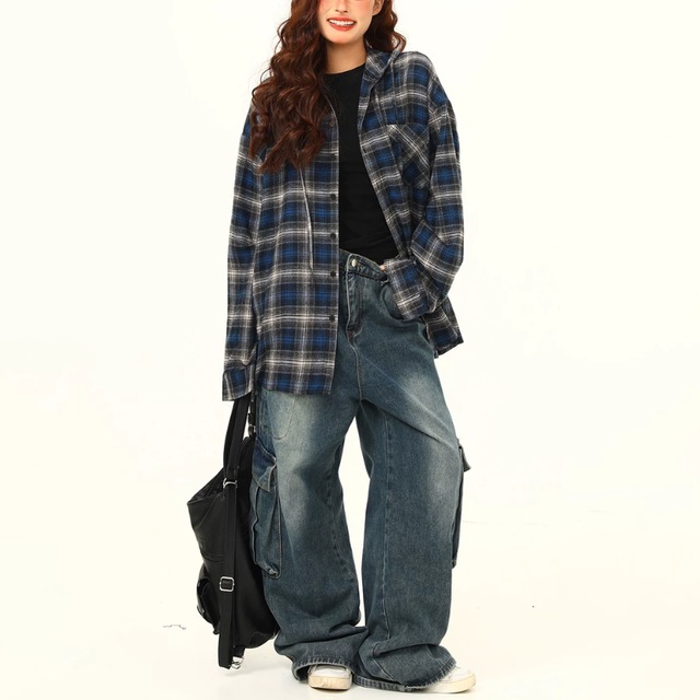 blue checkered hooded shirt　ブルーチェック柄フードシャツ　J2171