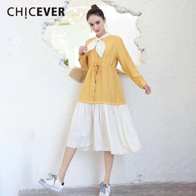 CHICEVER春の甘いパッチワークドレス女性の弓の襟長袖ボタンAラインミッドカーフ女性の2020 ロング リボン 大人ガーリー スウィート キュート カジュアル スプリング 春物 6base590763803613