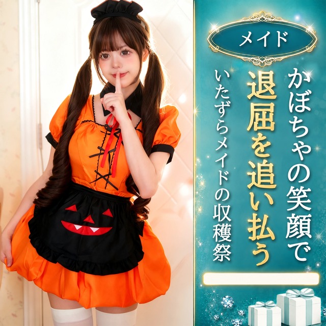 〔メイド〕パンプキンメイド ハロウィンコスチューム｜オレンジ×ブラック・S～5XL