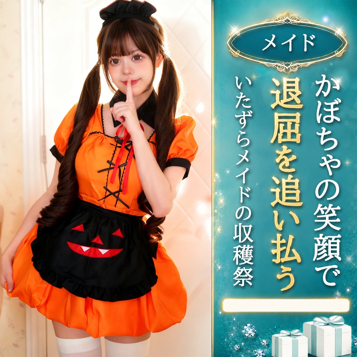 〔メイド〕パンプキンメイド ハロウィンコスチューム|オレンジ×ブラック・S~5XL