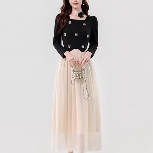 2種／ビジューフラワーコンビチュールワンピース ・74907