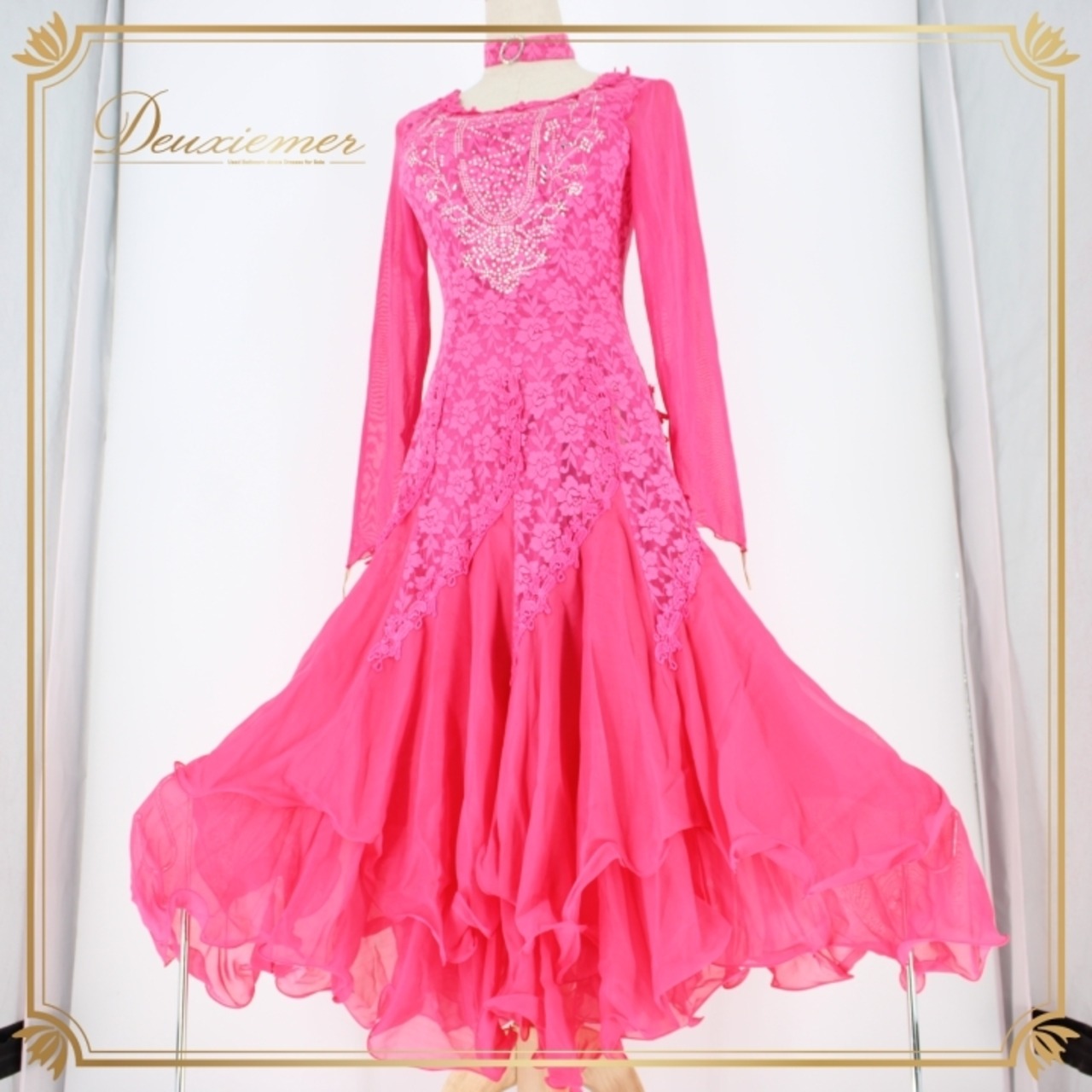 社交ダンス 衣装 スタンダード ドレス ワンピース パーティ衣装 ステージ衣装 Leirena レイリーナ ピンク系 花柄 レース チョーカー 派手 エレガント 女性用 余興 発表会 フリル 着やすい 体型カバー レディース 特別な日 ラインストーン付き 踊りやすい 舞台衣装 華やか セクシー 結婚式 デザイン おしゃれ 軽量 柔らかい