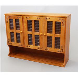 カウンター上収納 調味料入れ 幅68cm リーフ柄 ライトブラウン 上置き 引き戸 収納棚 両面開閉 木製 キッチン 台所 完成品