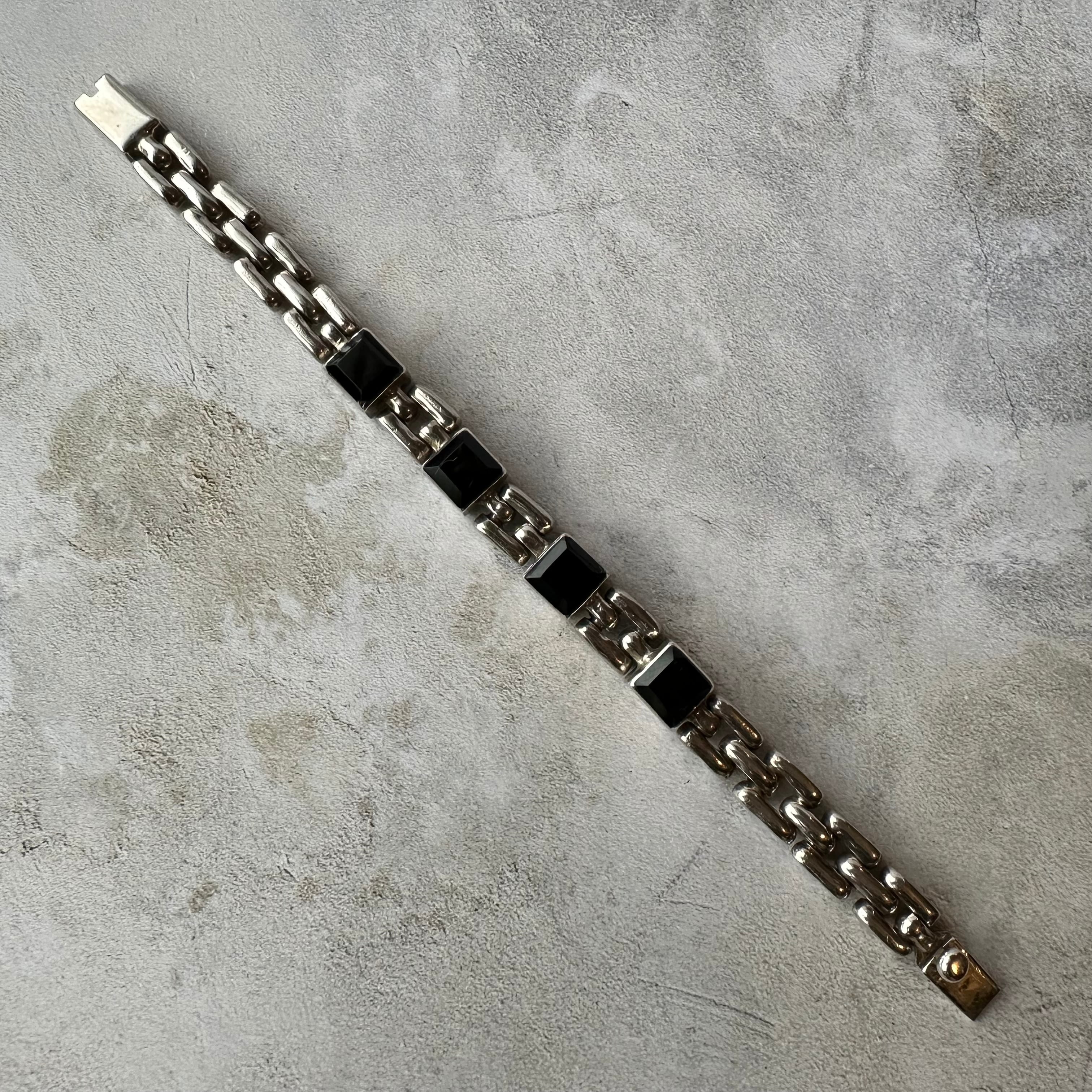 Vintage Heavy Onyx Link Bracelet Silver950 Made in Mexico