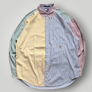 【90s】TOMMY HILFIGER ボタンダウン 長袖シャツ マルチカラー ストライプ メンズ XL VINTAGE コットン トミーヒルフィガー ロゴ 刺繍 正規