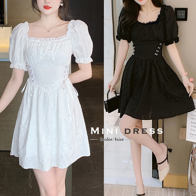 スクエアネック ミニワンピース無地パフ袖