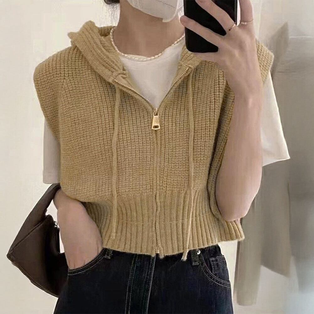 フード付き ベスト レディース 秋冬 韓国 レイヤード ジップニット