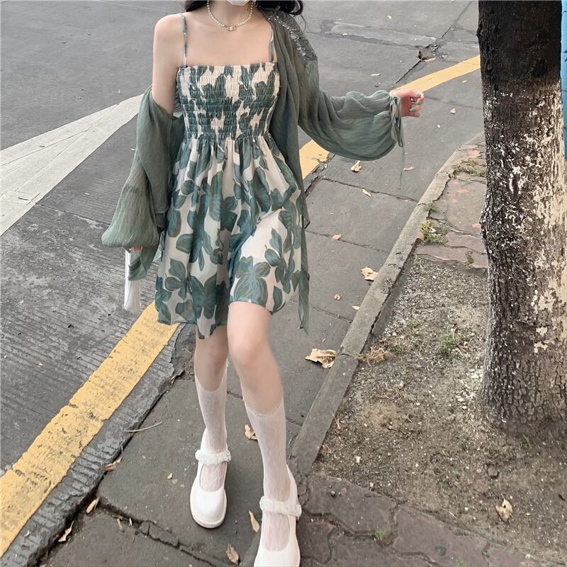 サマーグリーンカーディガンFlowerデザイン プリーツドレス ロング 夏物 フラワーデザイン モンロー19984803819