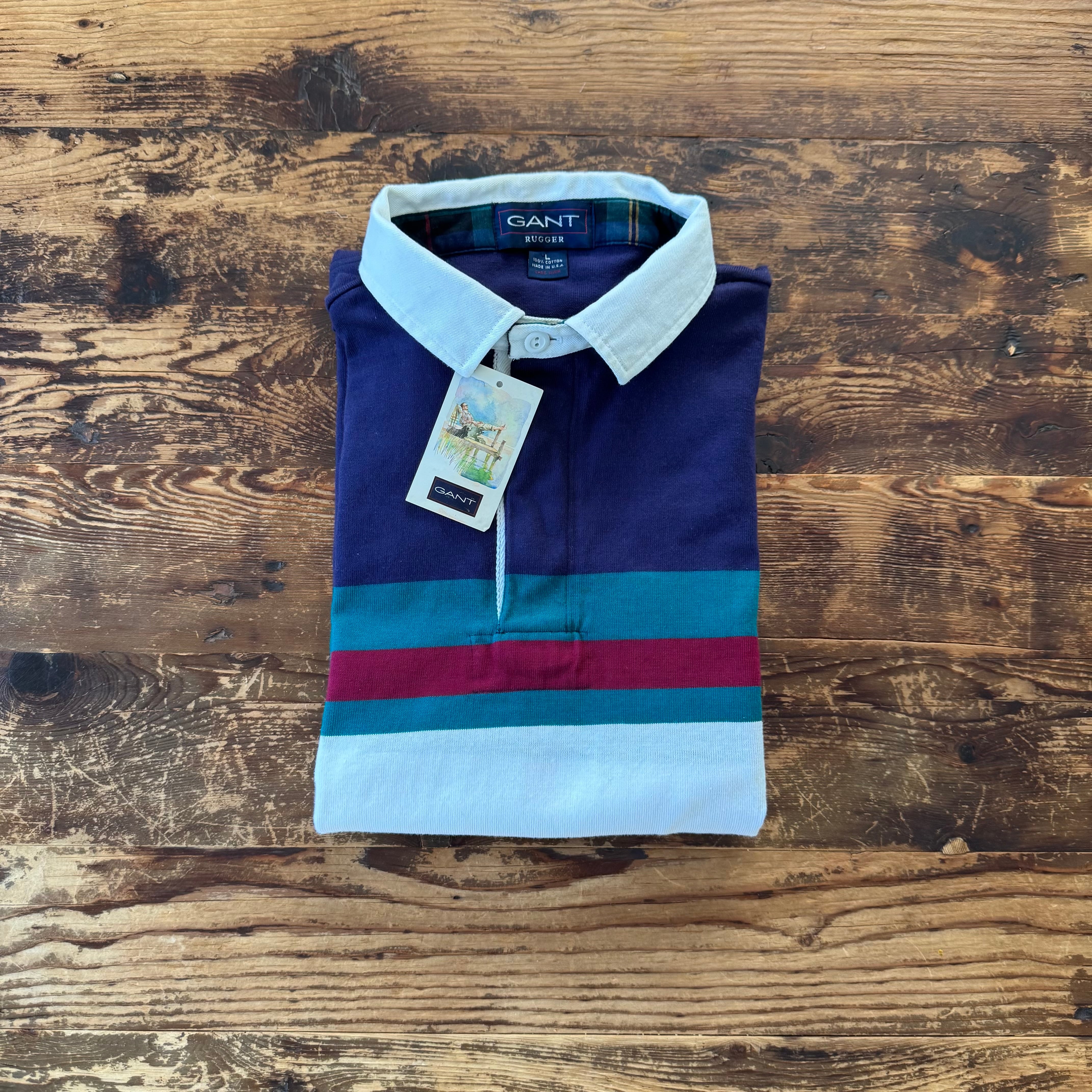 1980's DEADSTOCK ”GANT Rugger" Striped Rugby Shirt Made in USA/Nav L