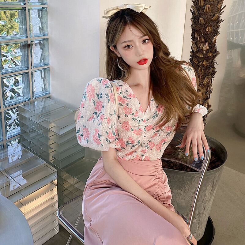 Vネックスリーブレースフローラルブラウス レディースハイウェストプリーツスカート ストリート 花柄 ガールズファッション30644259720