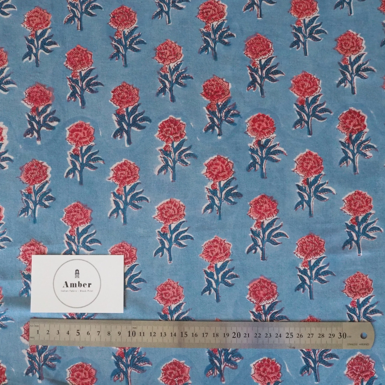 ブロックプリント生地【50cm単位】インド綿 miniローズ柄 水色×ローズピンク #49410-BL1