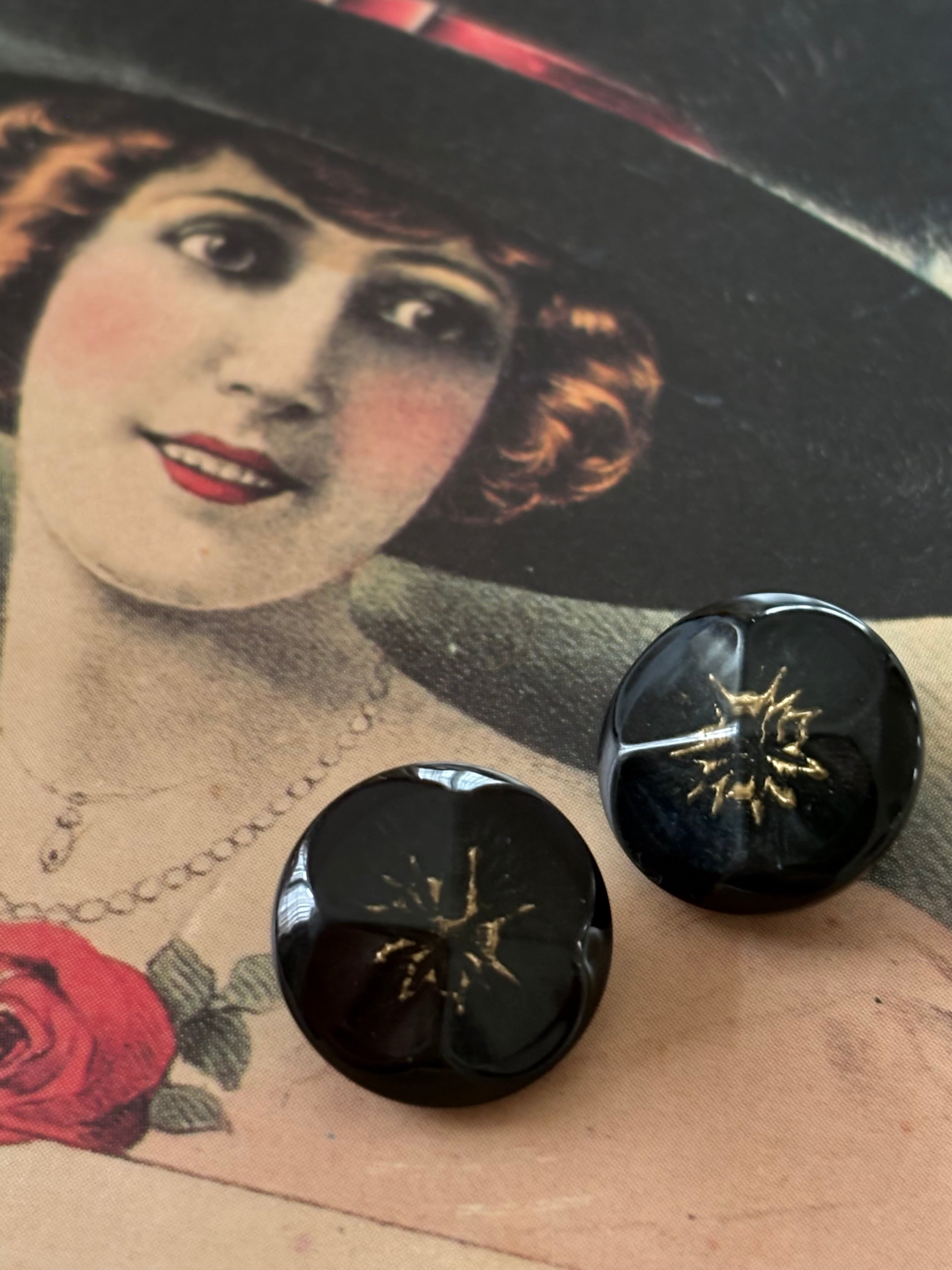 15mm Japanese ヴィンテージボタン ブラック×ゴールド 樹脂ボタン レトロ アクセサリーパーツ 装飾材 カルトナージュ
