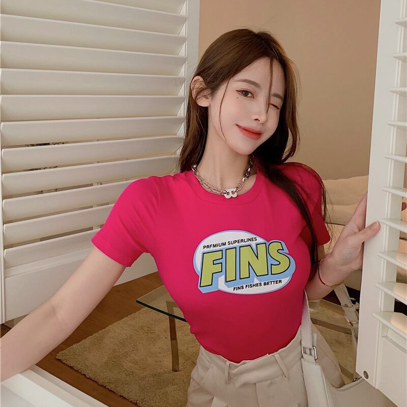 プリントTシャツ サマースタイルショートハイウェストウェスト薄手レッドトップス 夏物 ブラックストロベリース87759329981