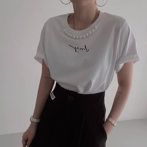 Tシャツ きれいめ レディース トップス パールネックレス カジュアル 大人 きれいめ ロゴ ラウンドネック シンプル 半袖 細身 白 黒 ybh1565