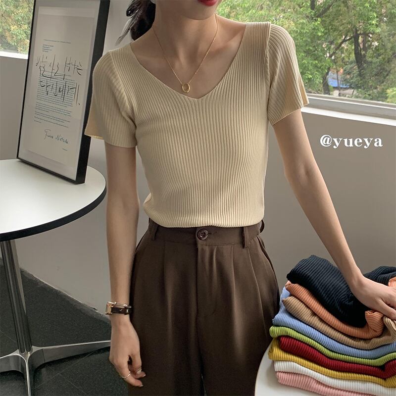 半袖スリーブTシャツ サマースリムVネックニットセーター 薄手ソリッド カラートップス ショート ハーフスリーブ 夏物 シルク ソリッドカラー クレセントシティ51254620749