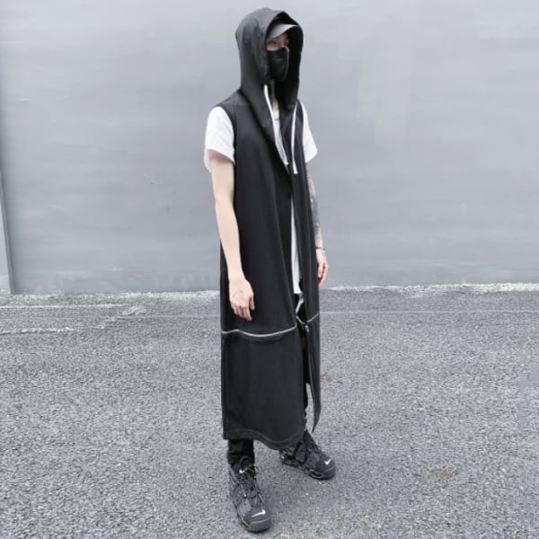 セパレートラインジッパーフーディノースリーブロングパーカー セパレートラインジッパーフーディノースリーブロングパーカー