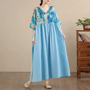 STITCHED V-NECK 3/4 SLEEVES LONG WIDE PULLOVER DRESS 4colors M-16734