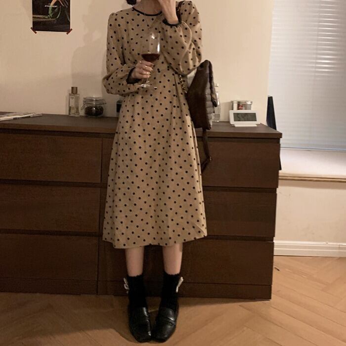 スタンダード水玉ドレス ロングスカート Aラインオータムウィンター薄手 レトロ 秋物 冬物 モンロー91273030896