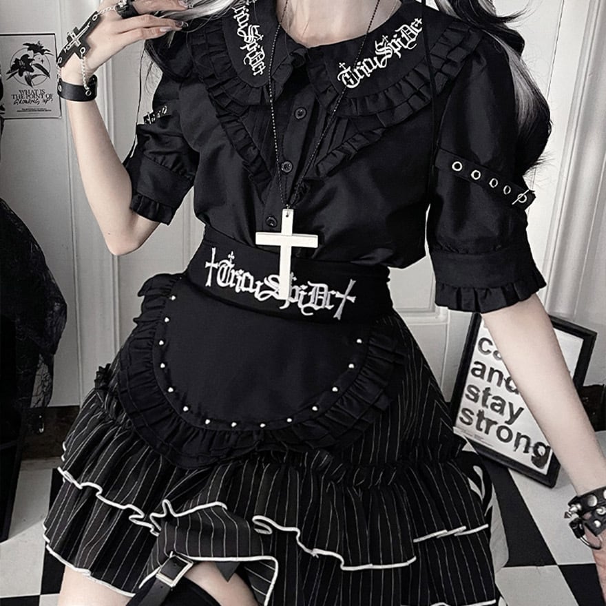 フリル装飾の黒い半袖シャツ 地雷系 半袖シャツ メイド風×推し活×ライブ参戦服向け｜WithU