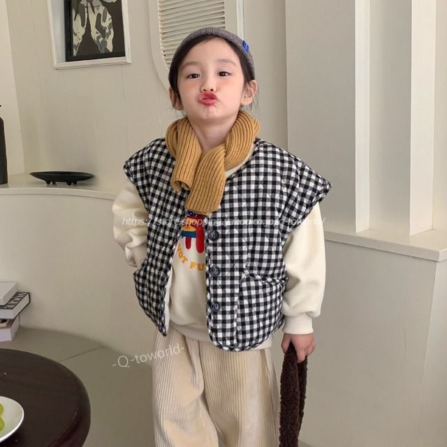 【80㎝-140㎝】ダウン　ベスト　チェック柄　ガーリー　カジュアル　可愛い　子供服 人気　　韓国版　可愛い