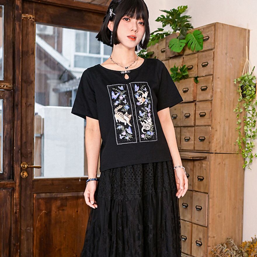 中華ゴシック チャイナ風 古怪舎 Tシャツ 刺繍 水玉襟 中華系ファッション 30代ファッション 夏服