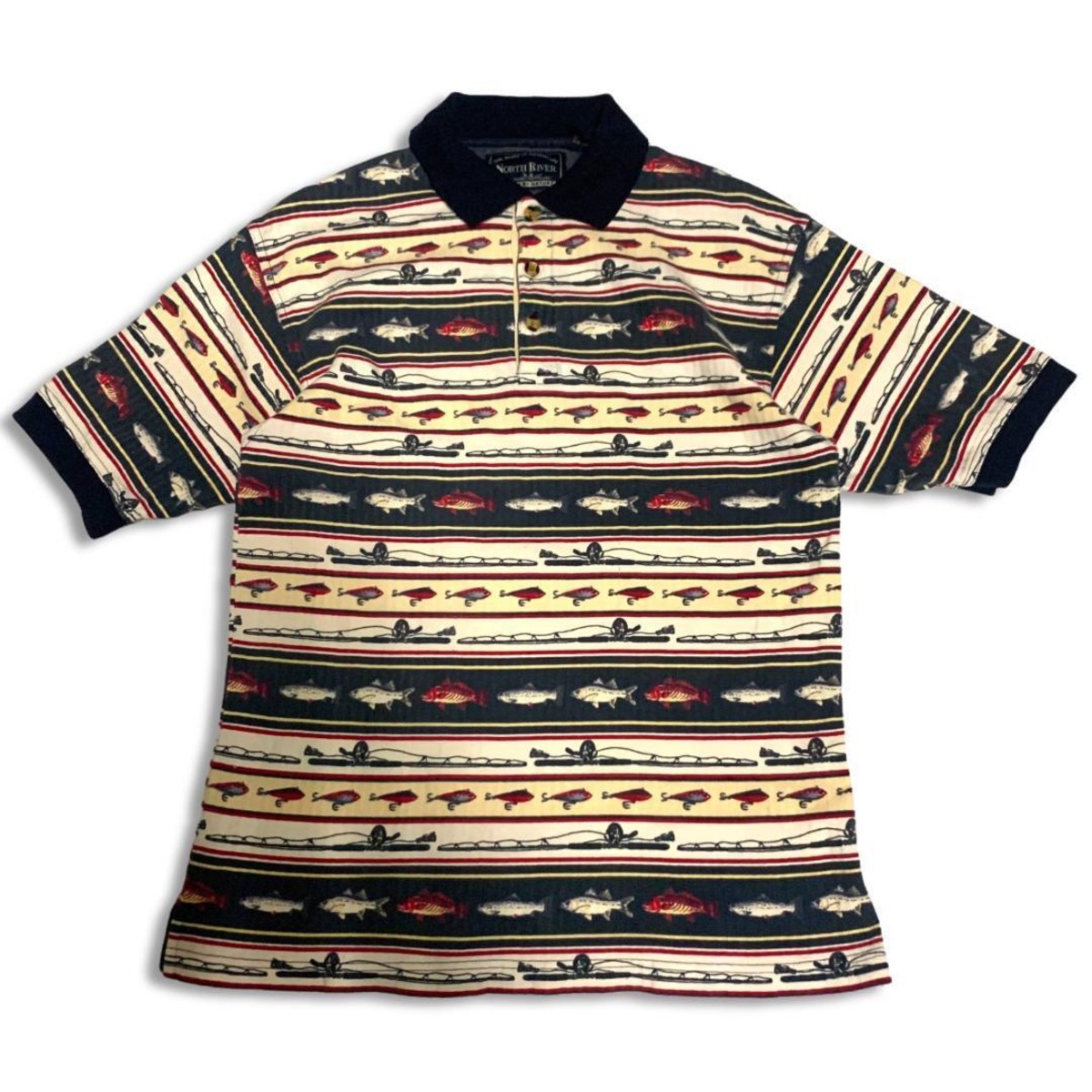 90s ノースリバー お魚柄 ボーダー ポロシャツ L North River Polo 総 