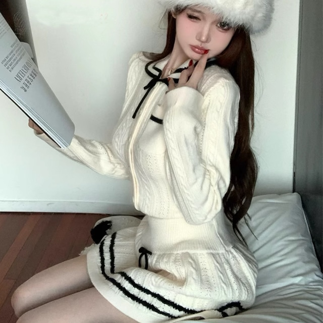 【set】リボン付きニットトップス×ミニスカートセット Q6676