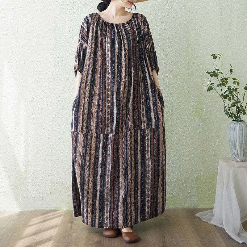 PRINT LANTERN SLEEVE ASYMMETRIC LONG DRESS M-17988