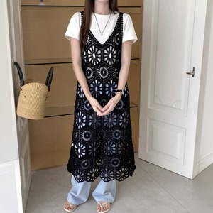 ワンピース レディース 夏 クロシェ編み ノースリーブ 透かし編み ニット ロングベスト ミモレ丈 Vネック レイヤード 体型カバー ボヘミアン リゾート フェス 高見え [LS-CGD011]