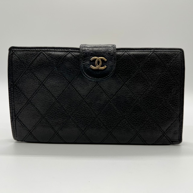 【CHANEL】シャネル　キャビアスキン　ビコローレ　レザー長財布 黒